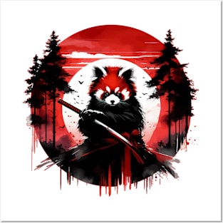 Sumie Red Panda Samurai Warrior In Forest Posters and Art